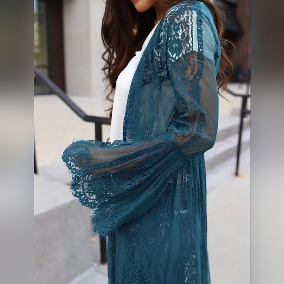 New Gorgeous Boho Lace Maxi Kimono Duster Cover Up Dusty Blue Teal - Picture 4 of 9